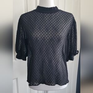 Zara Whimsigoth Black Sheer Textured Polka Dot Blouse, Puff Sleeves, Women's XS